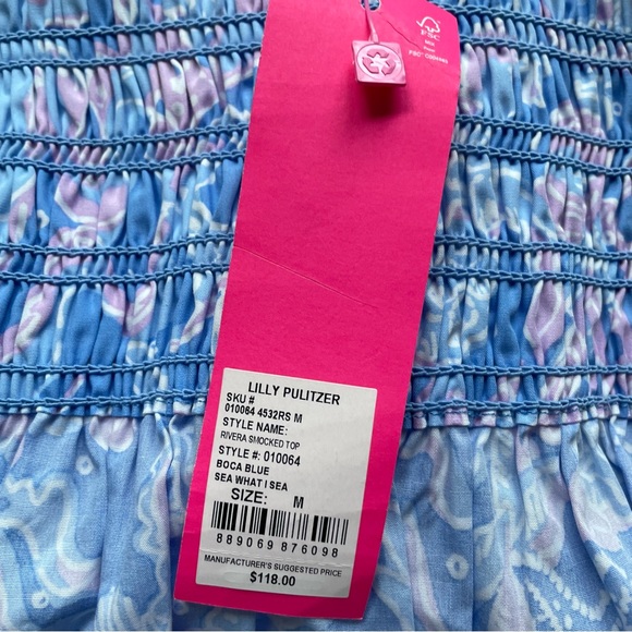 FINAL PRICE NWT Lilly Pulitzer Rivera Top Sz Medium Smocked Sea What I Sea Blue - Picture 8 of 9